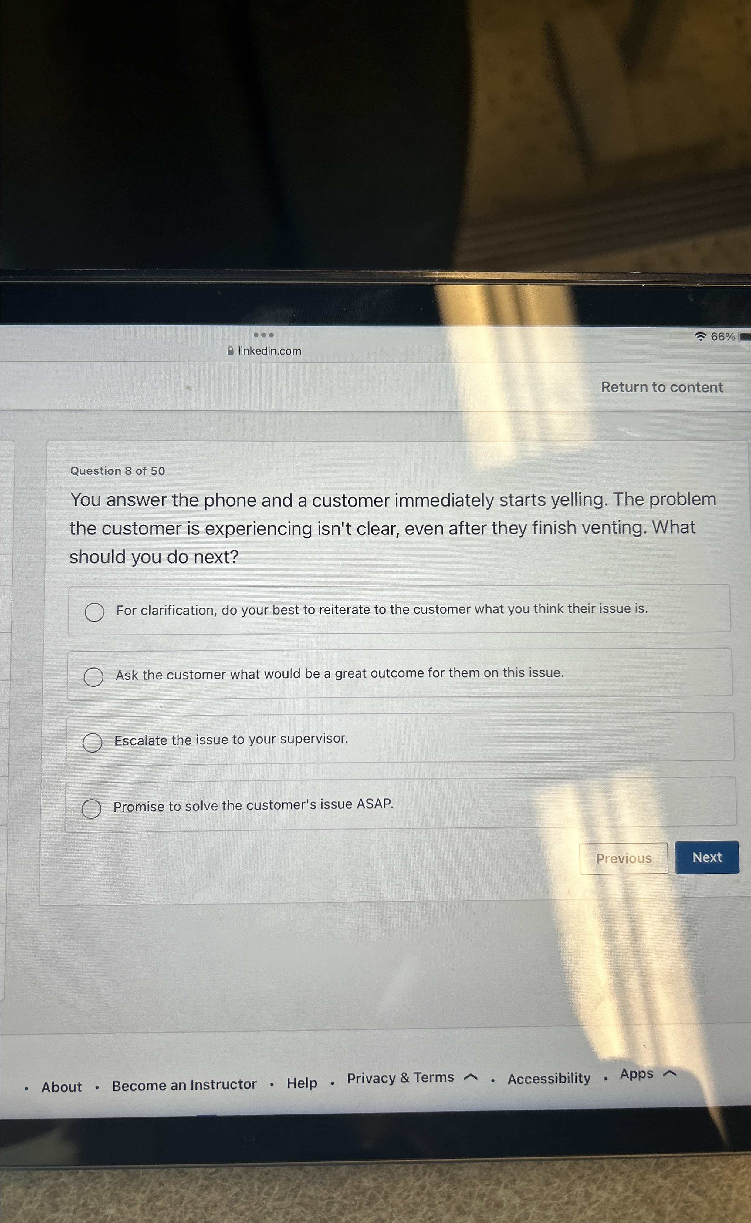  linkedin.com 66% Return to content Question 8 of 50 You answer