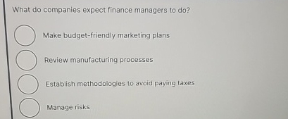  What do companies expect finance managers to do? Make budget-friendly marketing