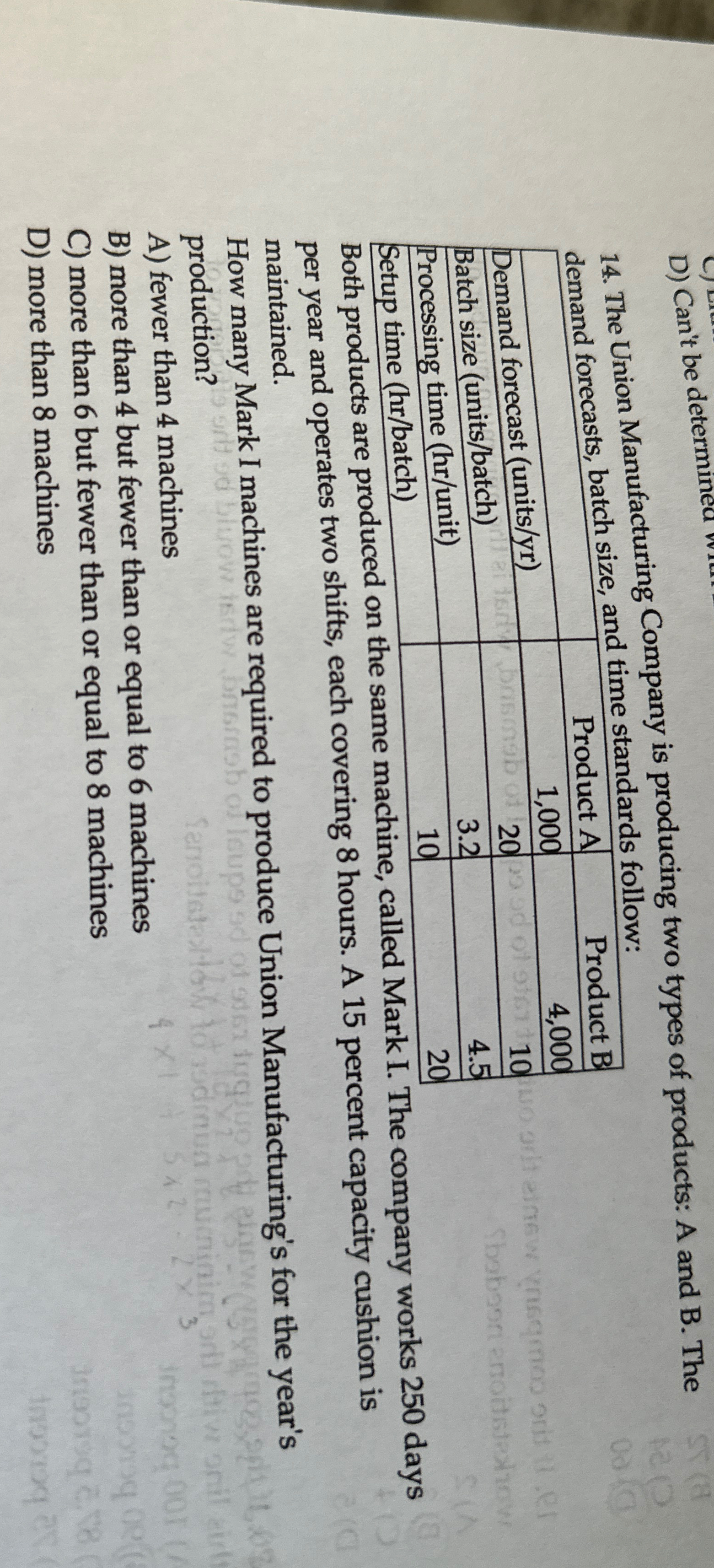  D) Can't be determined 14. The Union Manufacturing Company is producing