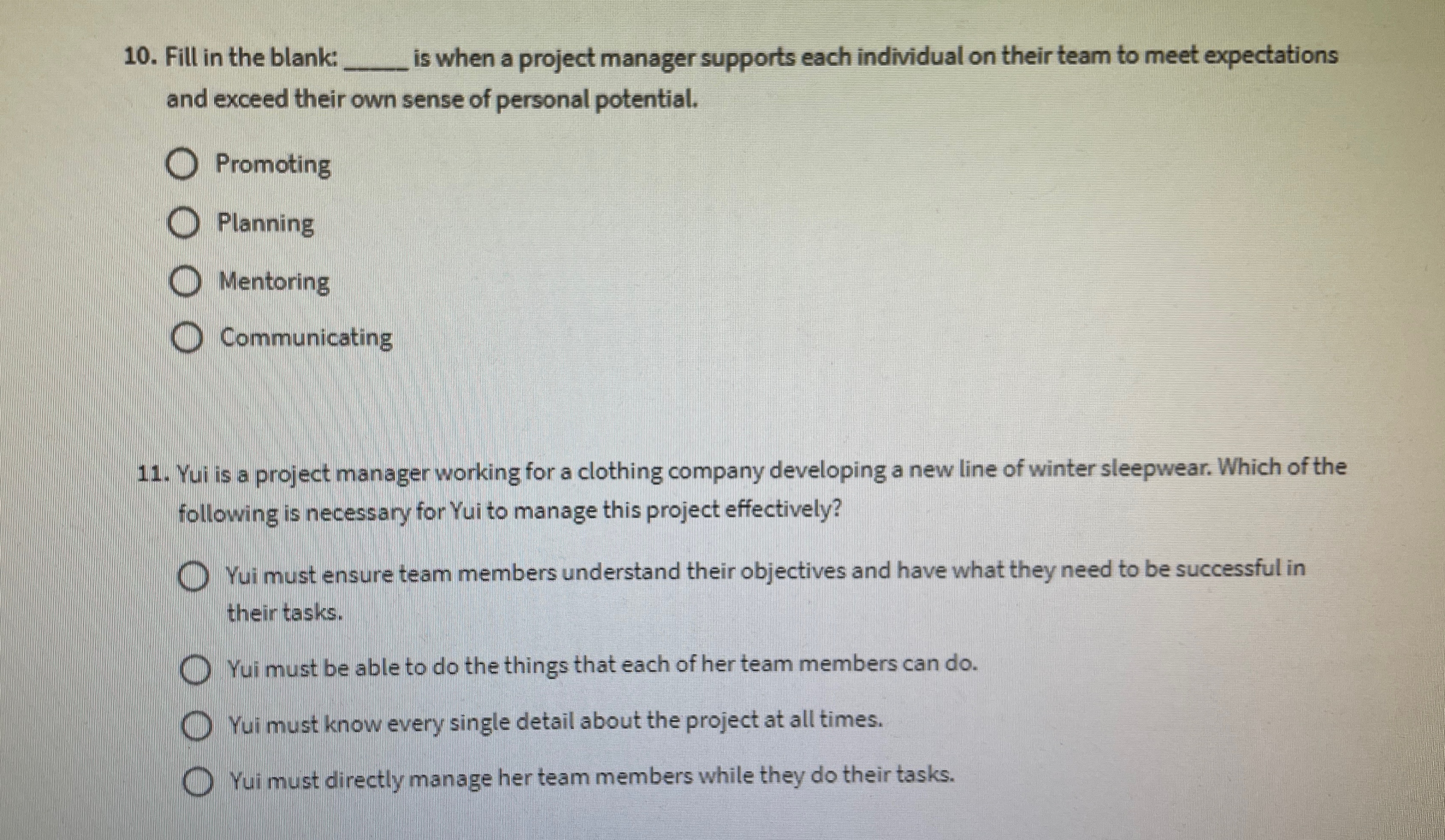  Fill in the blank: is when a project manager supports each
