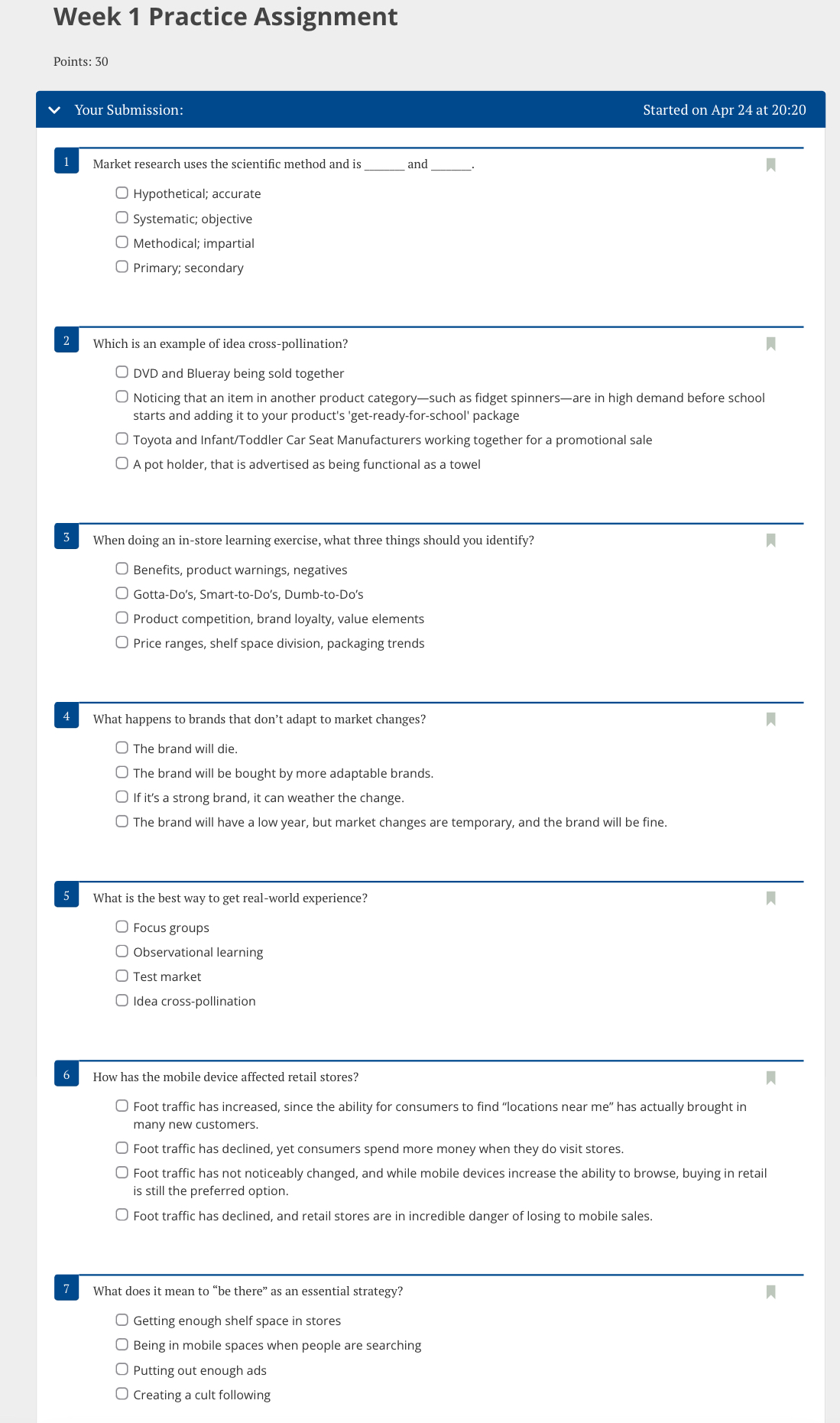  Week 1 Practice Assignment Points: 30 Your Submission: Started on Apr