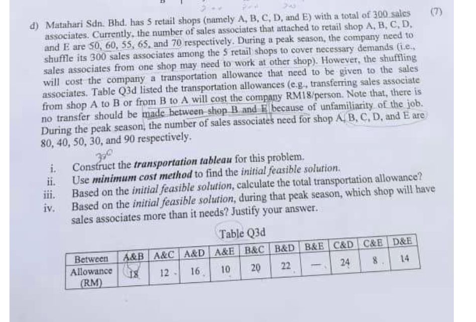  d) Matahari Sdn. Bhd. has 5 retail shops (namely A, B,