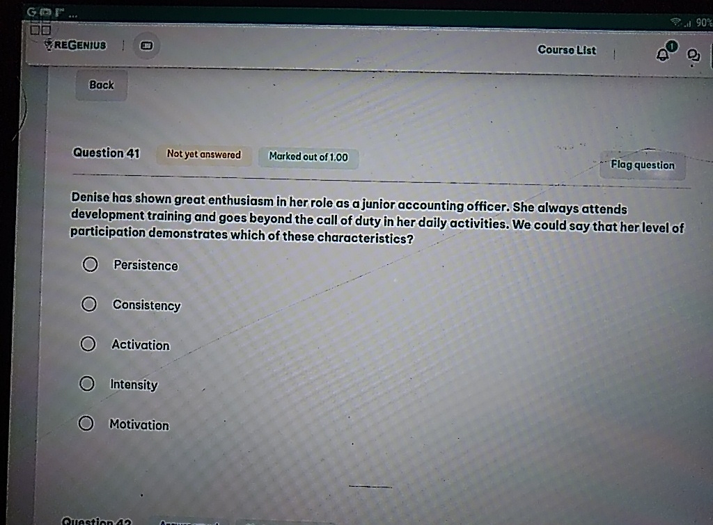  90% REGENIUS Courso List Back Question 41 Flagquestion Denise has shown