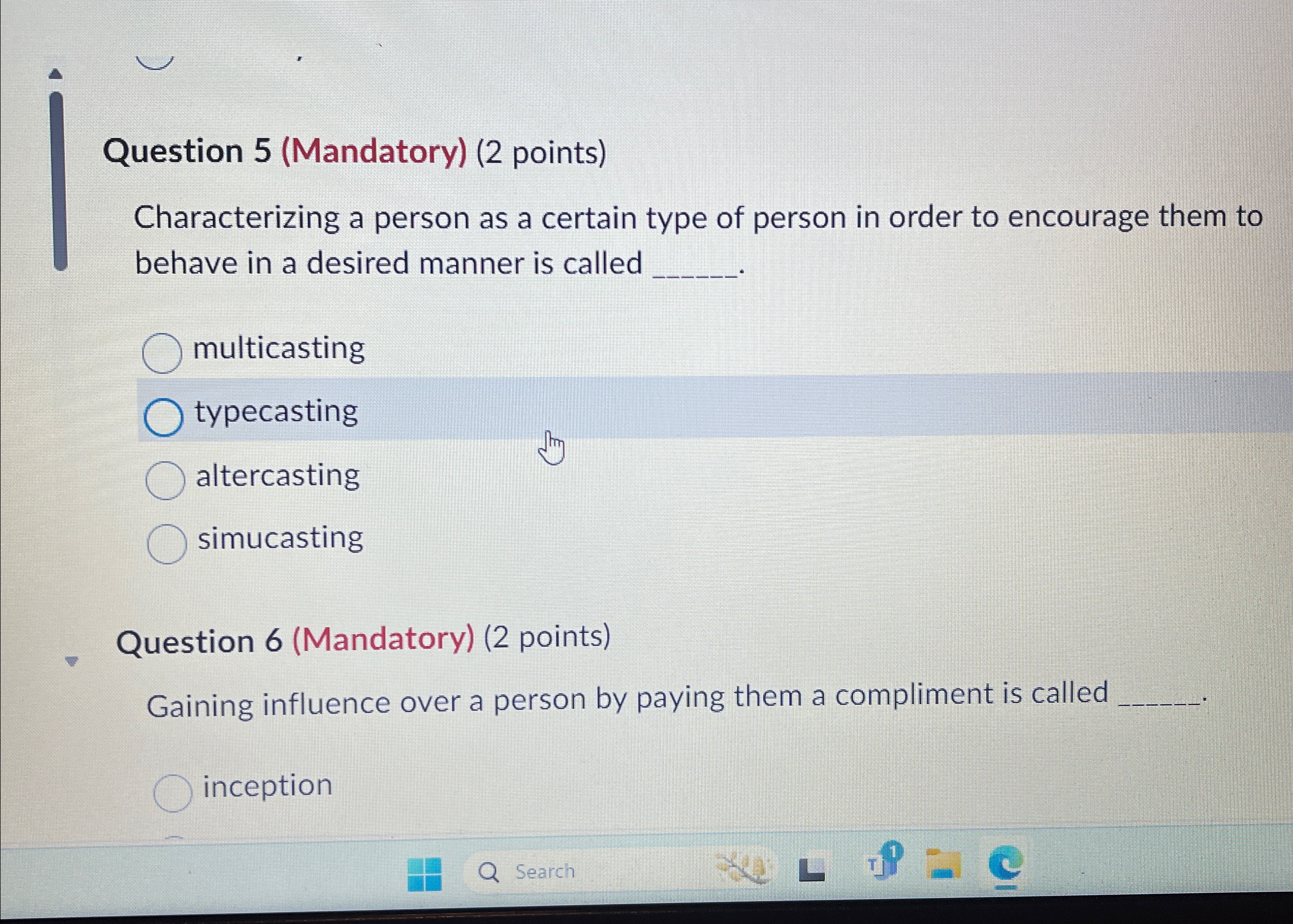  Question 5(Mandatory)(2 points) Characterizing a person as a certain type of