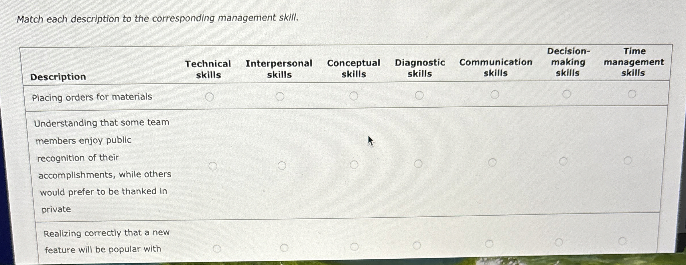  Match each description to the corresponding management skill. \table[[Description,\table[[Technical],[skills]],\table[[Interpersonal],[skills]],\table[[Conceptual],[skills]],\table[[Diagnostic],[skills]],() skills ,\table[[Decision-],[making],[skills]],\table[[Time],[management],[skills]]],[Placing