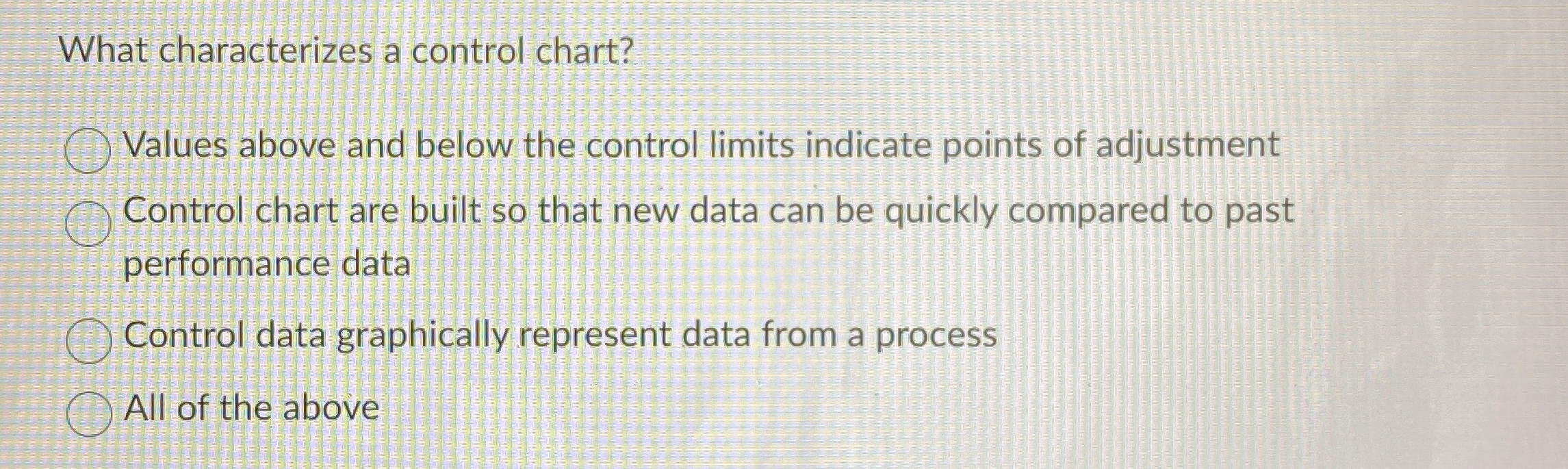  What characterizes a control chart? Values above and below the control