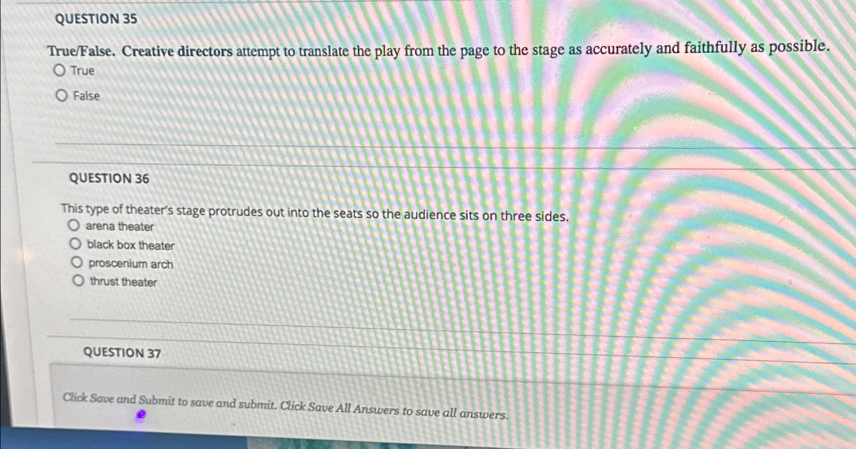  QUESTION 35 True/False. Creative directors attempt to translate the play from