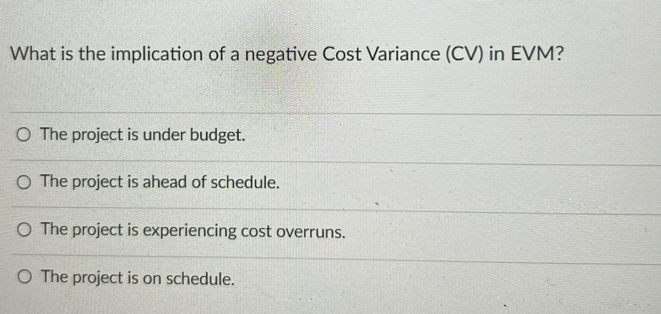  What is the implication of a negative Cost Variance (CV) in