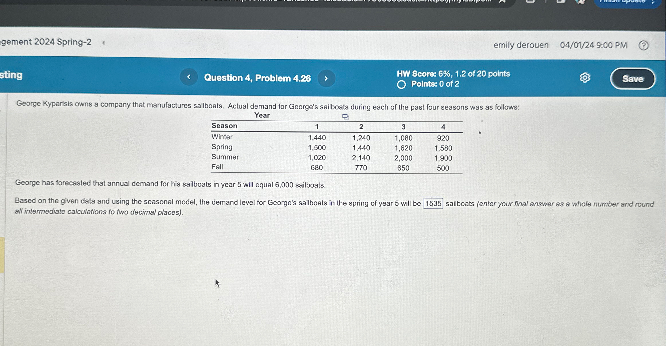  gement 2024 Spring-2 emily derouen 04/01/249:00 PM sting Question 4, Problem