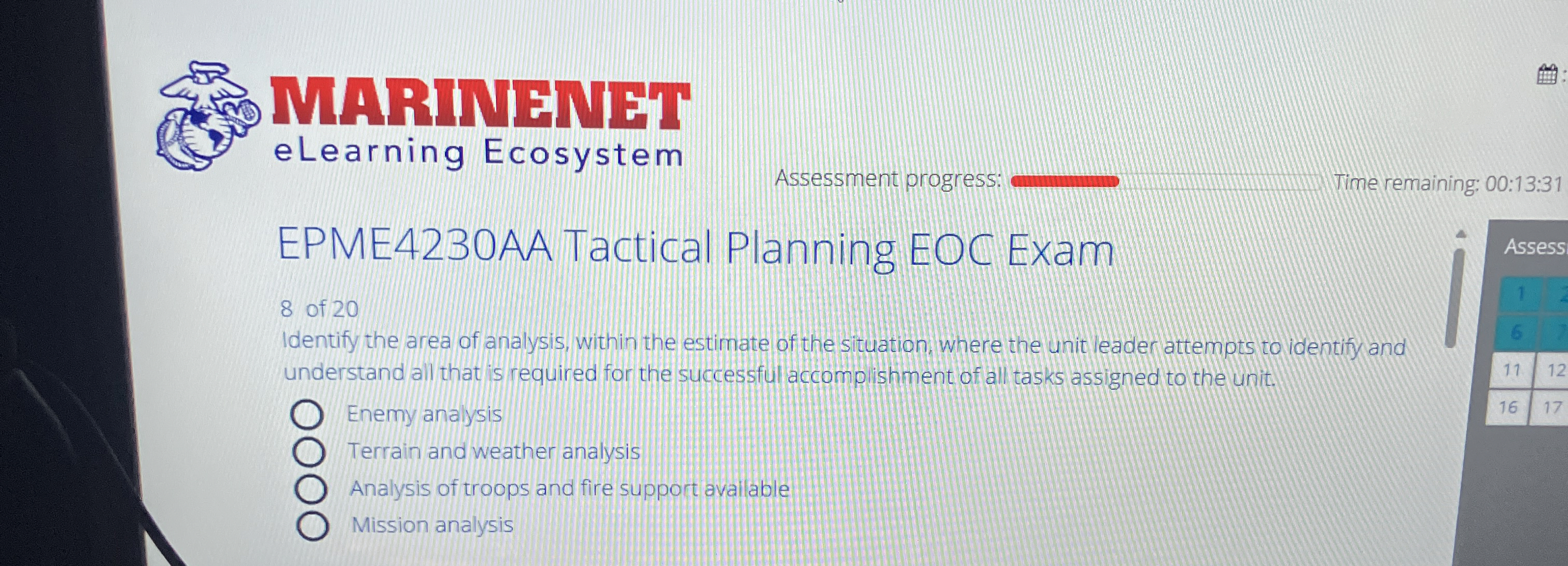  MARINENET eLearning Ecosystem Assessment progress: Time remaining: 00:13:31 EPME4230AA Tactical Planning