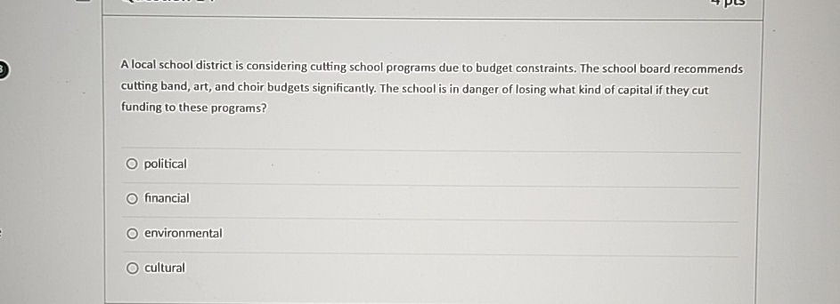  A local school district is considering cutting school programs due to