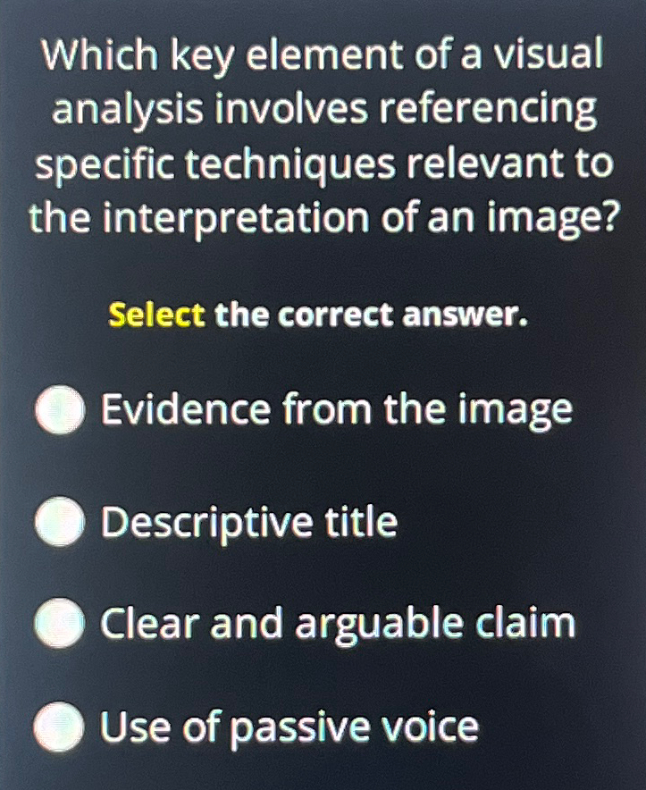  Which key element of a visual analysis involves referencing specific techniques