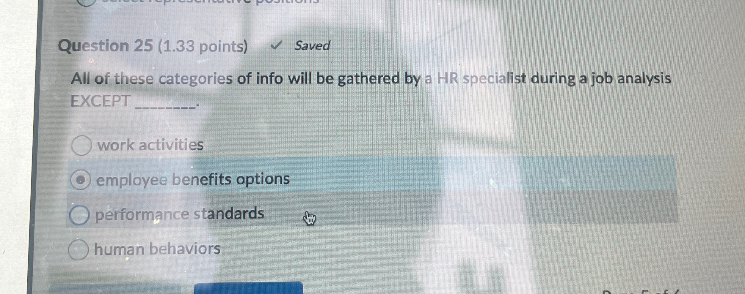  Question 25(1.33 points) Saved All of these categories of info will