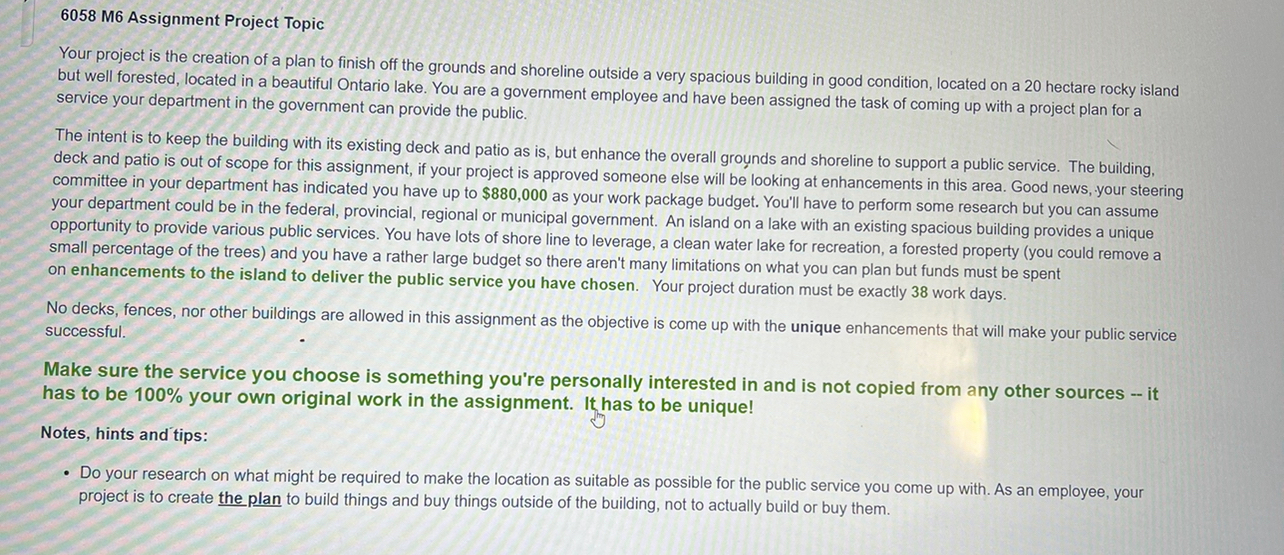  6058 M6 Assignment Project Topic Your project is the creation of