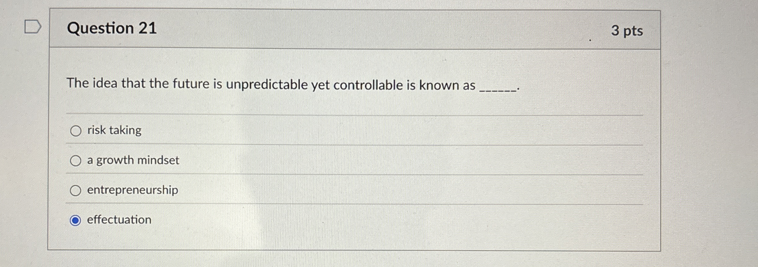  Question 21 3 pts The idea that the future is unpredictable