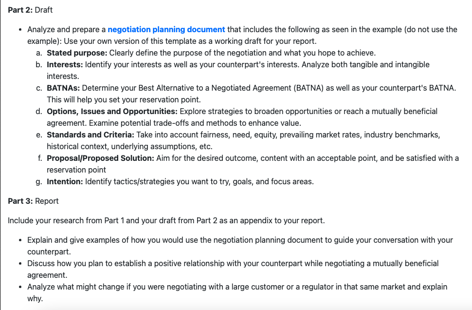  Part 2: Draft Analyze and prepare a negotiation planning document that