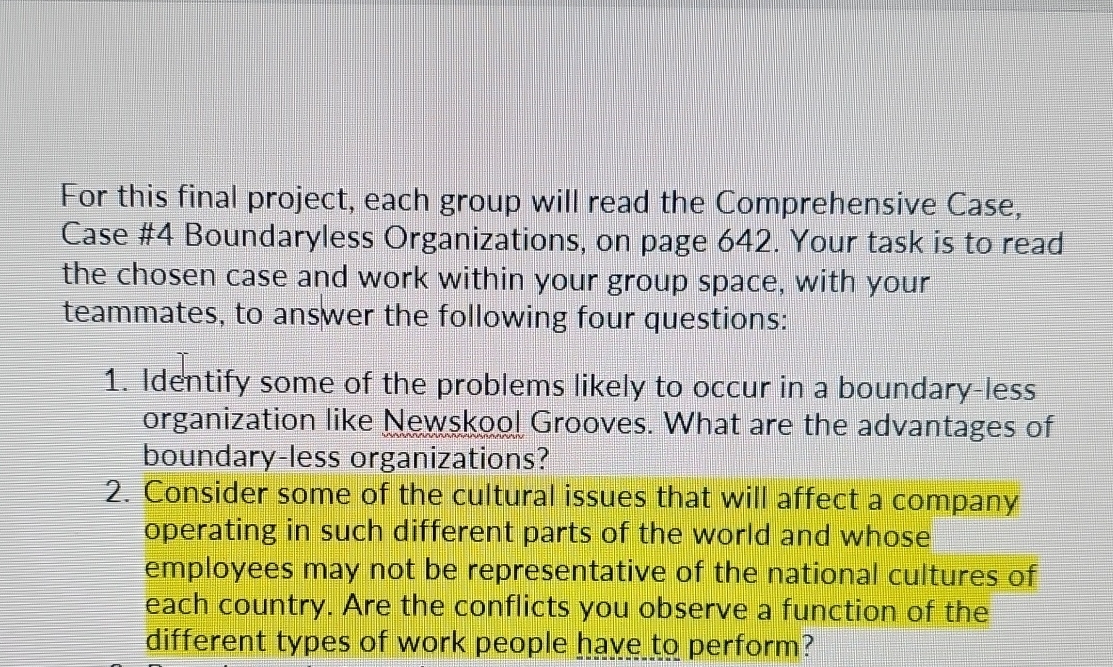  For this final project, each group will read the Comprehensive Case,