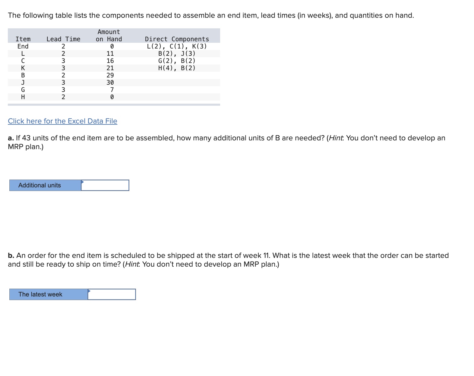  The following table lists the components needed to assemble an end