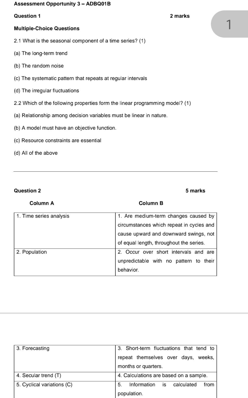  Multiple-Choice Questions 2.1 What is the seasonal component of a time