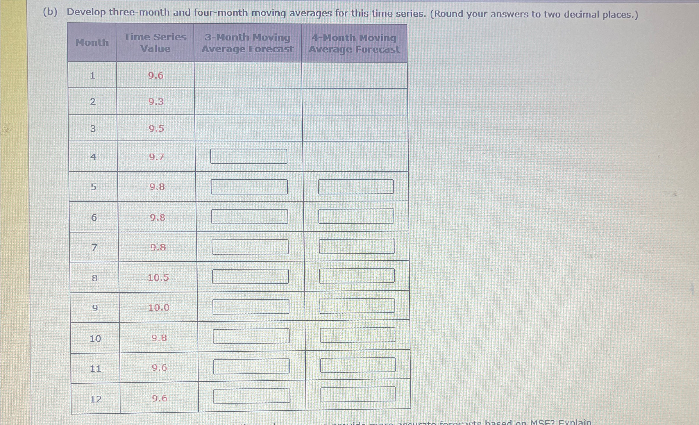  (b) Develop three-month and four-month moving averages for this time series.