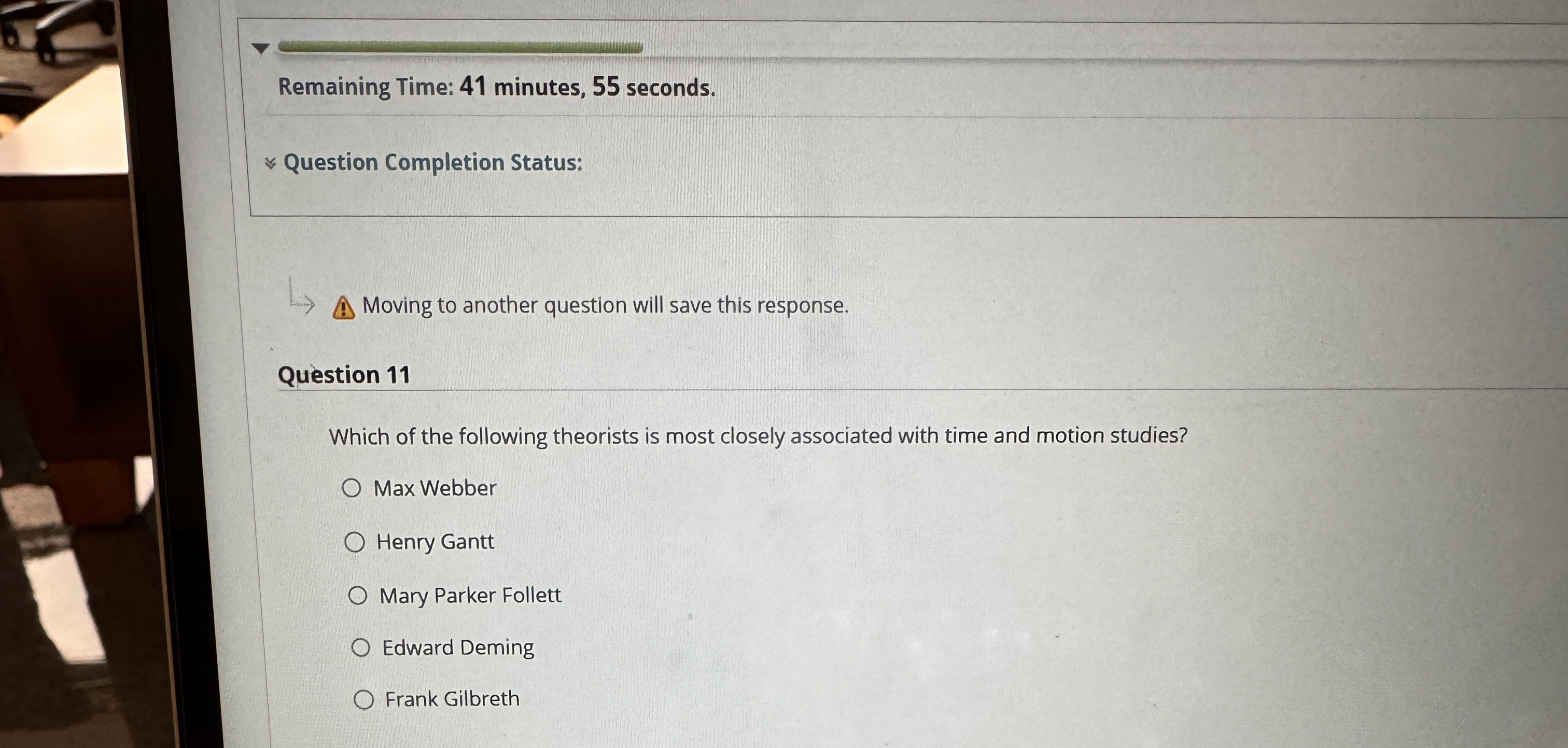  Remaining Time: 41 minutes, 55 seconds. Question Completion Status: Moving to