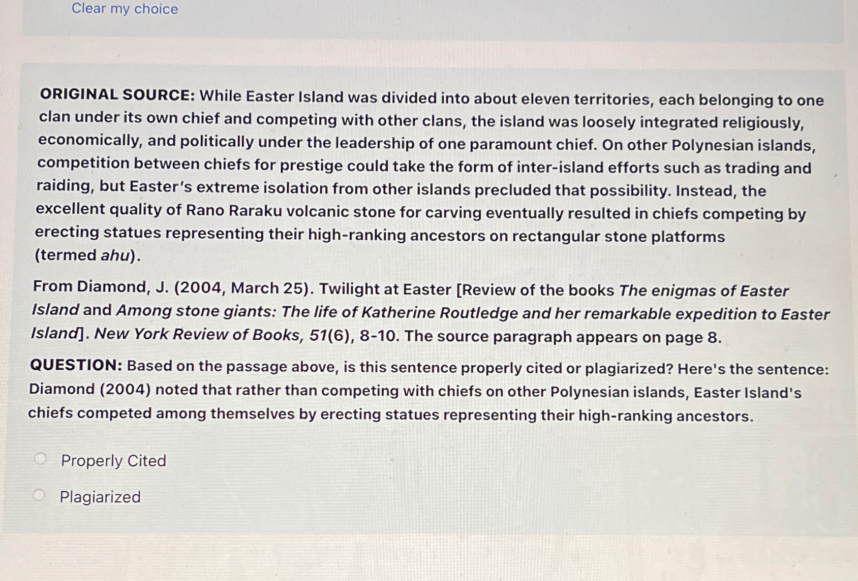  Clear my choice ORIGINAL SOURCE: While Easter Island was divided into