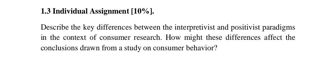  1.3 Individual Assignment [10%]. Describe the key differences between the interpretivist