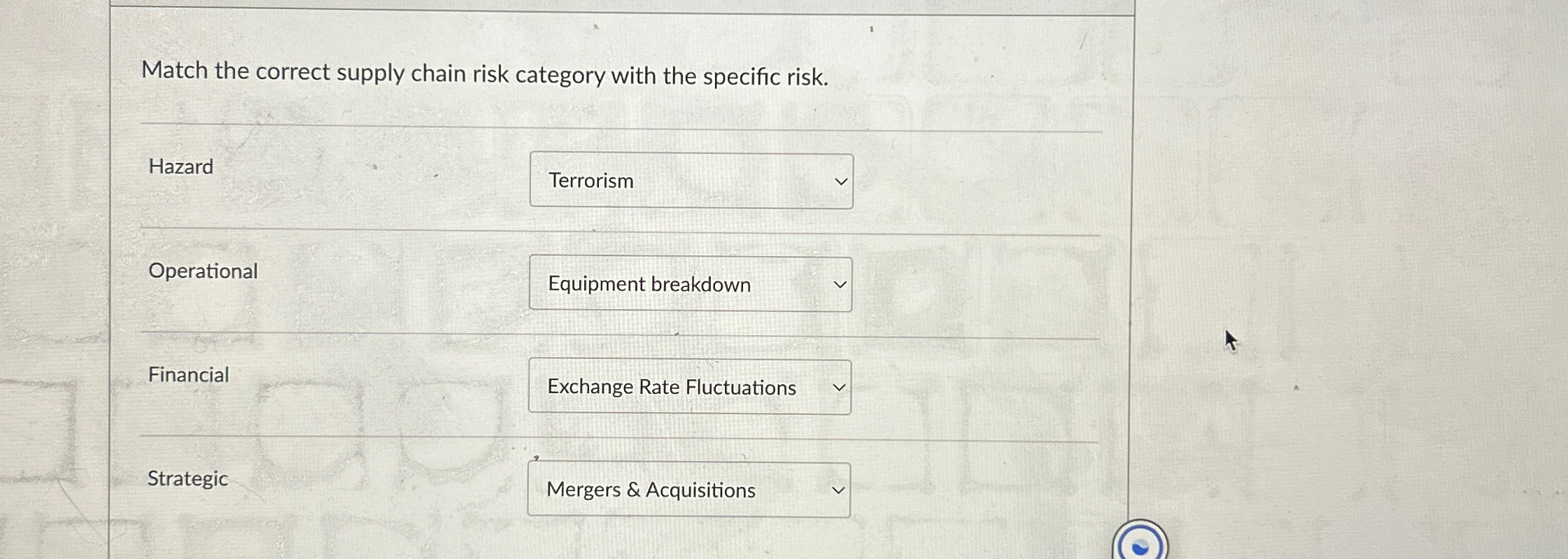  Match the correct supply chain risk category with the specific risk.
