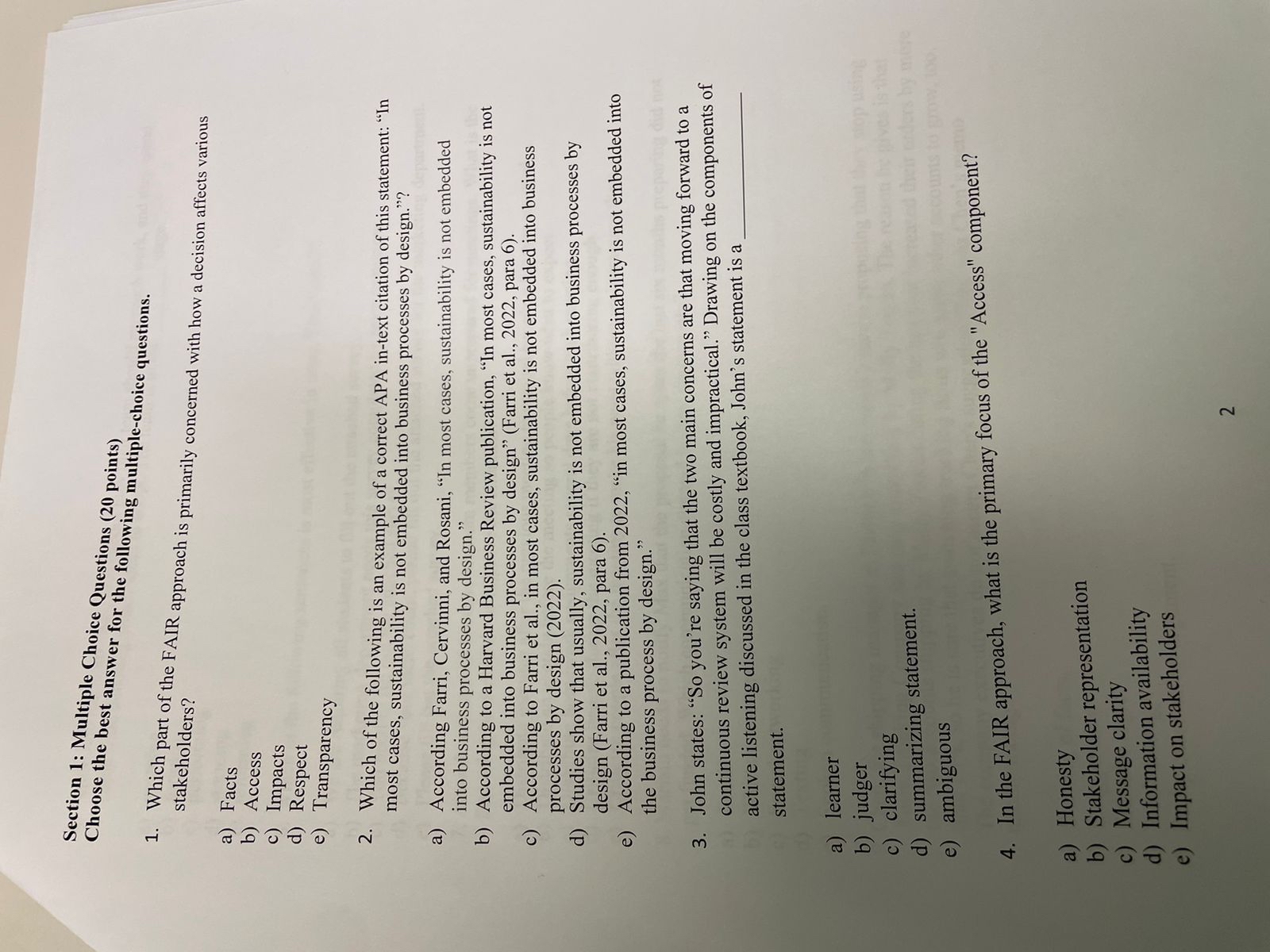  Section 1: Multiple Choice Questions (20 points) Choose the best answer