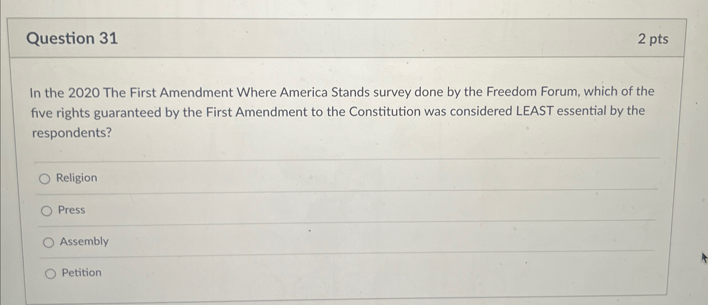 Question 31 2 pts In the 2020 The First Amendment Where