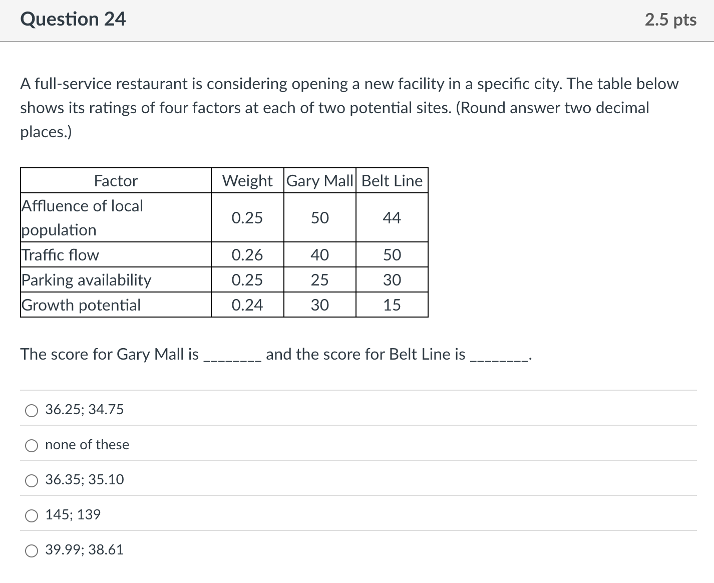  Question 24 A full-service restaurant is considering opening a new facility