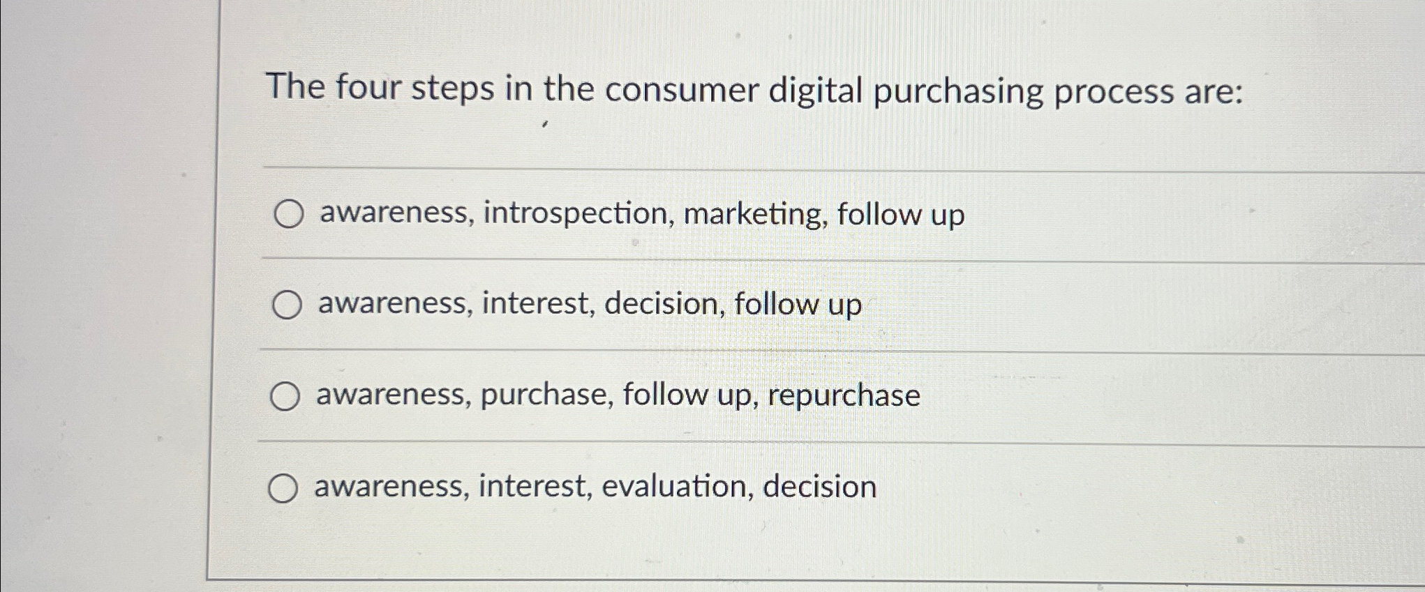 The four steps in the consumer digital purchasing process are: awareness,