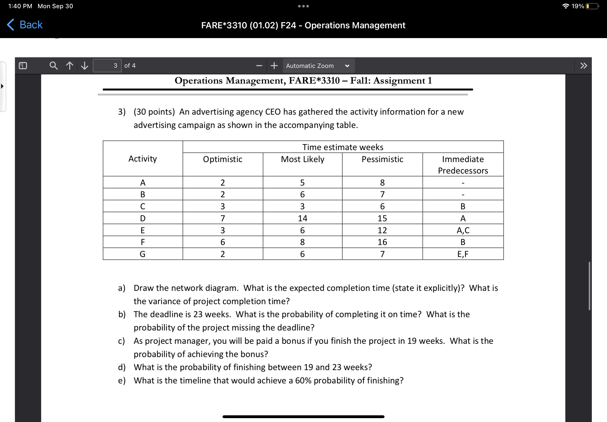  1:40 PM Mon Sep 30 19% Back FARE3310- Fal1: Assignment 1
