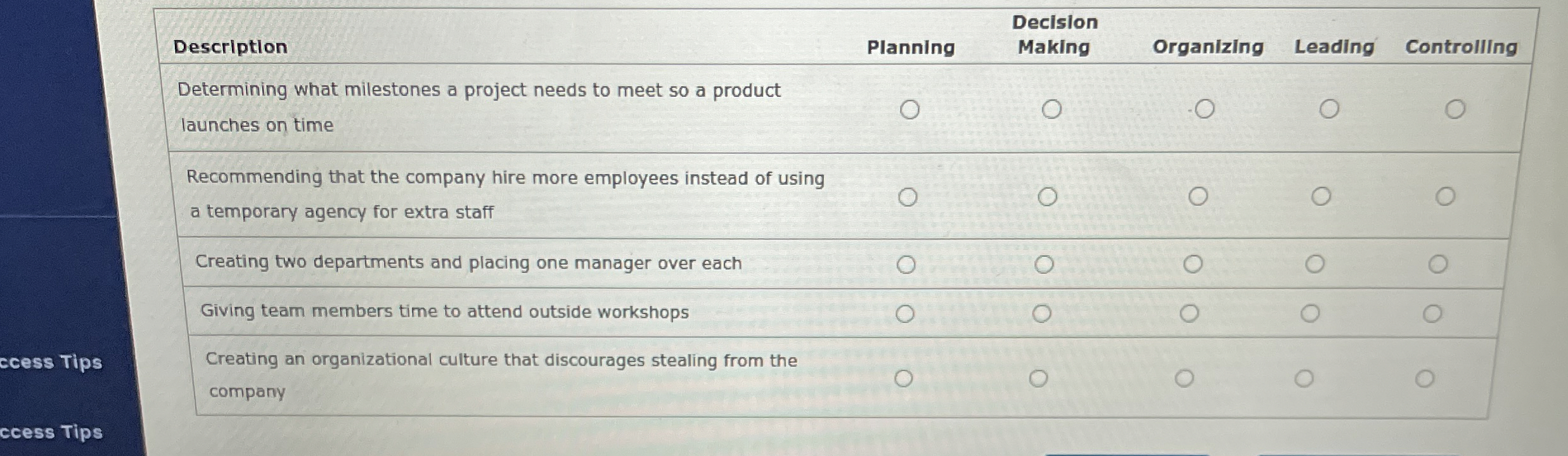  \table[[Descriptlon,Planning,\table[[Decision],[Making]],Organizing,Leading,Controlling],[\table[[Determining what milestones a project needs to meet so a product],[launches