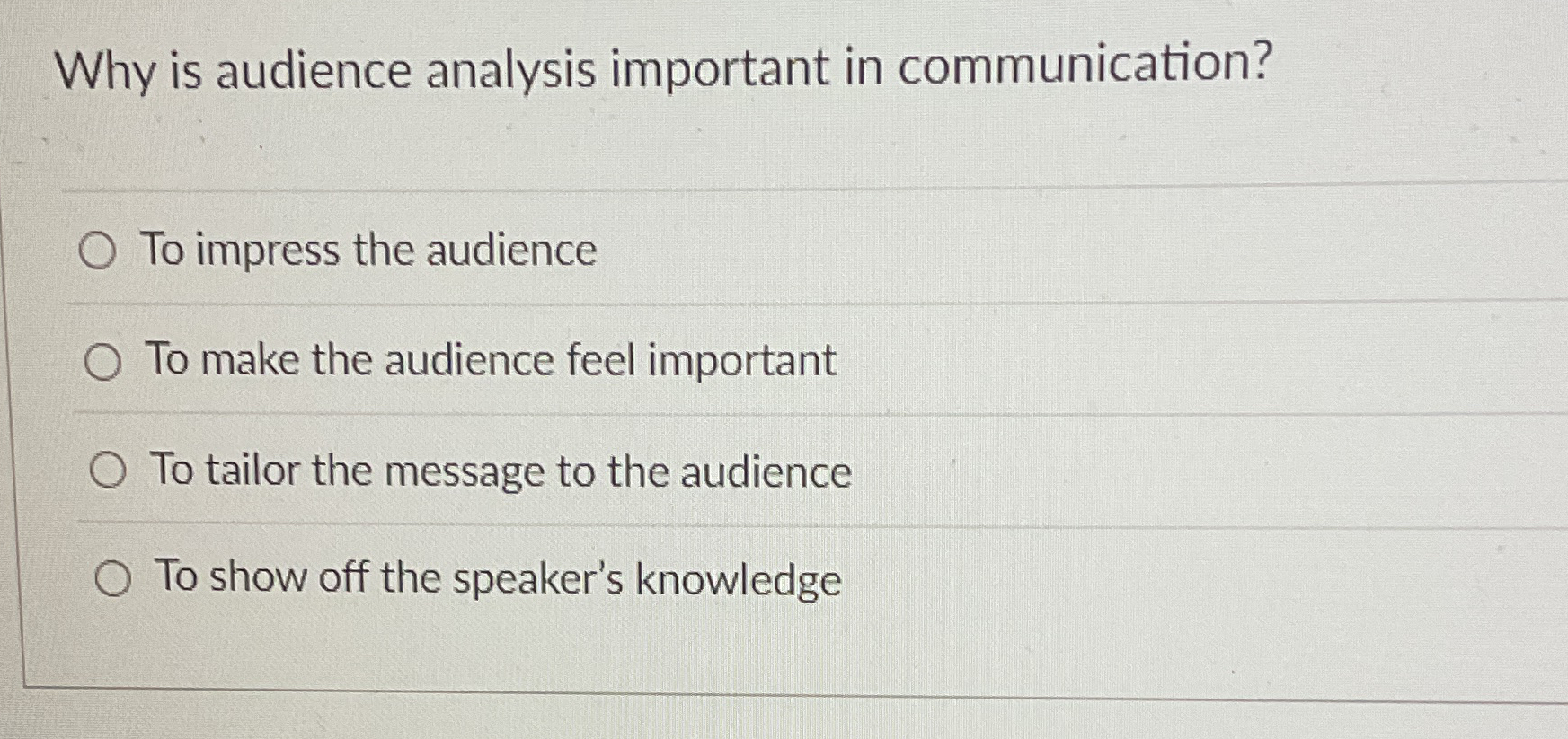  Why is audience analysis important in communication? To impress the audience
