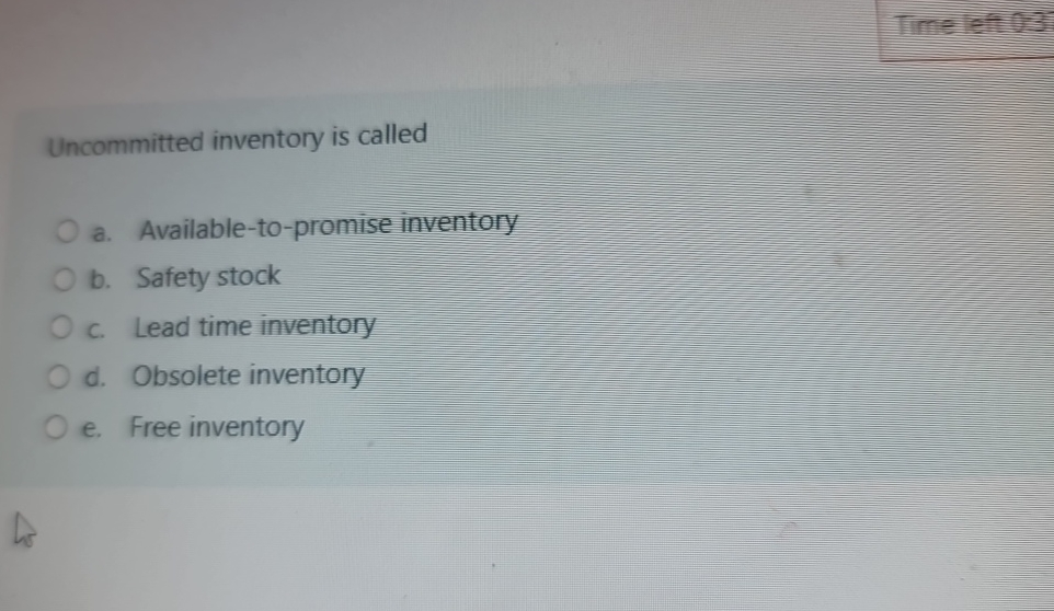  Uncommitted inventory is called a. Available-to-promise inventory b. Safety stock c.