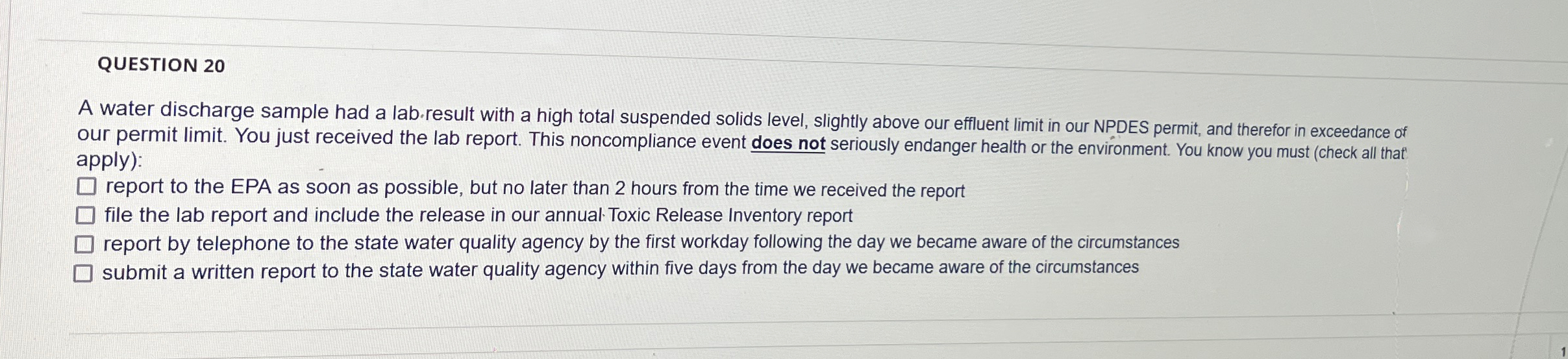  QUESTION 20 A water discharge sample had a lab.result with a