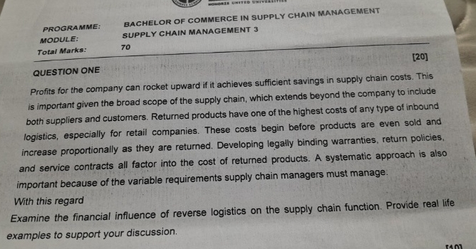  PROGRAMME: MODULE: BACHELOR OF COMMERCE IN SUPPLY CHAIN MANAGEMENT Total Marks: