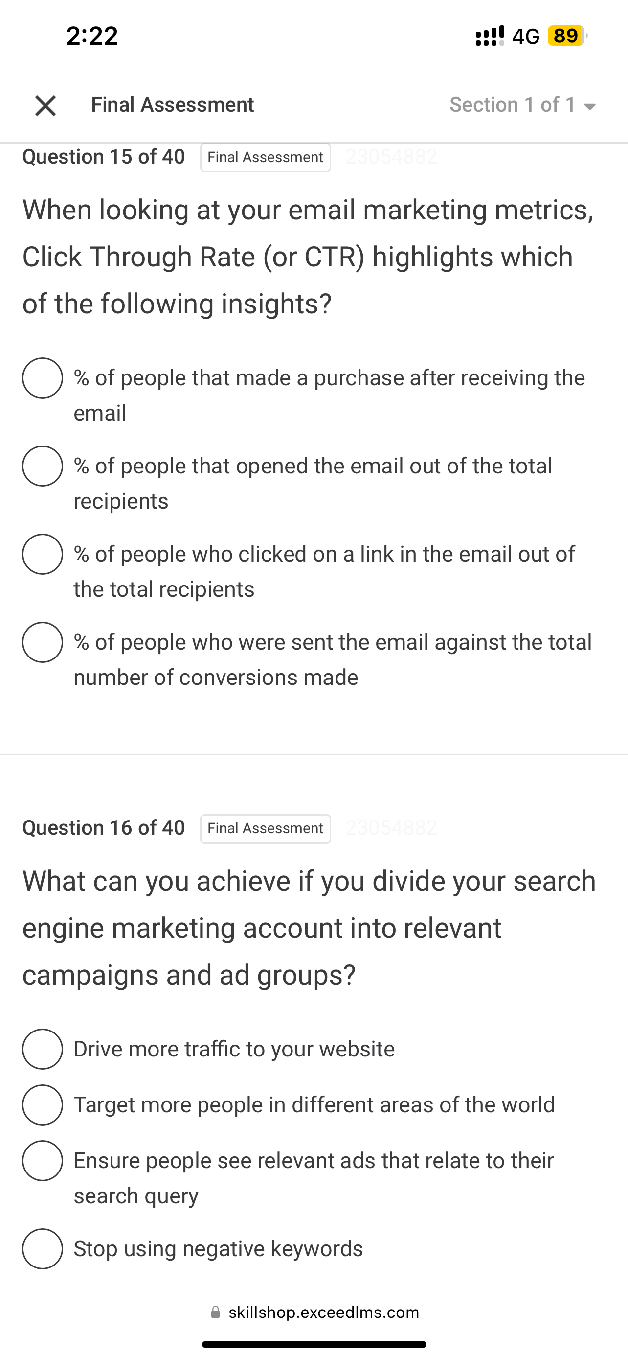  2:22 ::!!4G 89 Final Assessment Section 1 of 1 Question 15