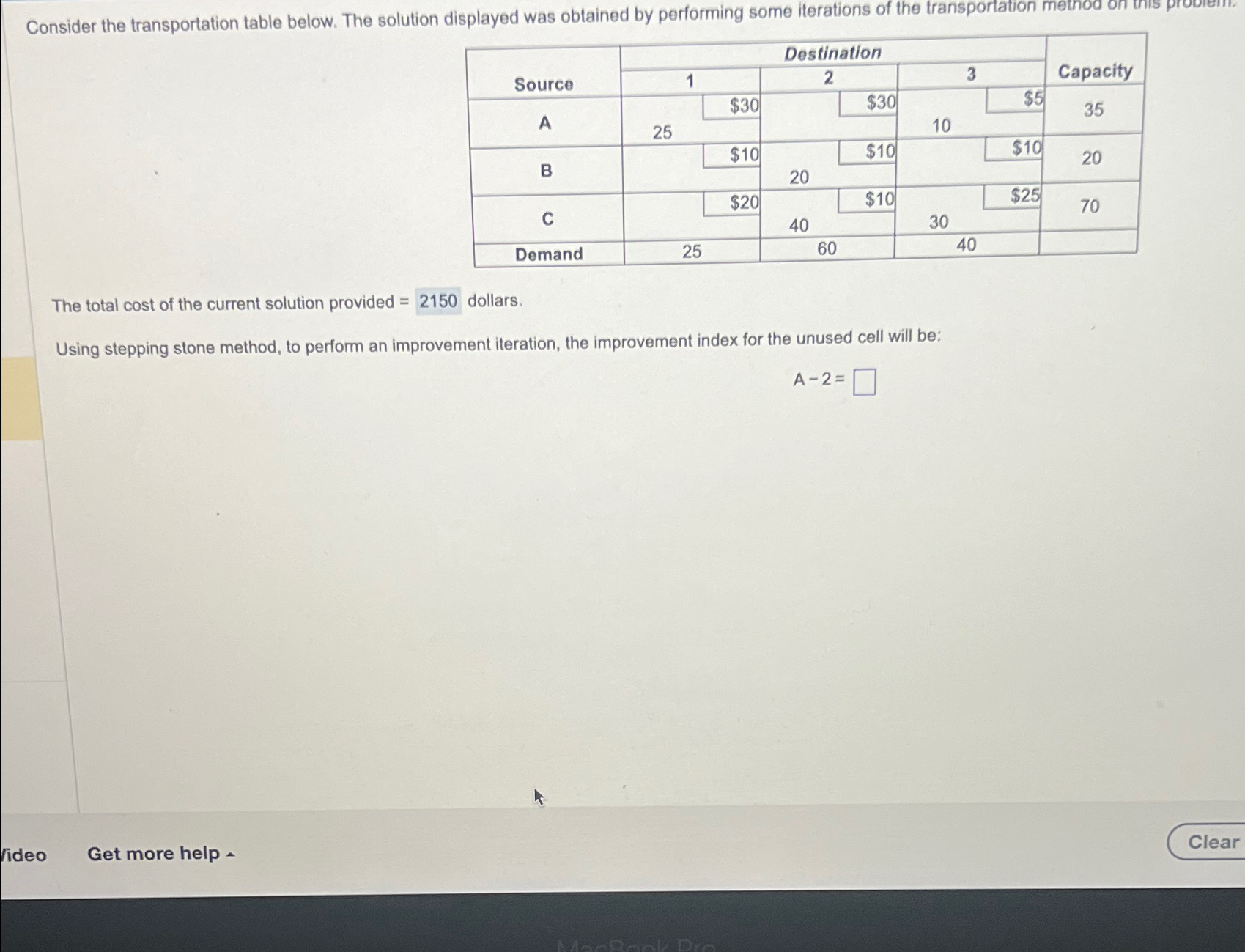  Consider the transportation table below. The solution displayed was obtained by