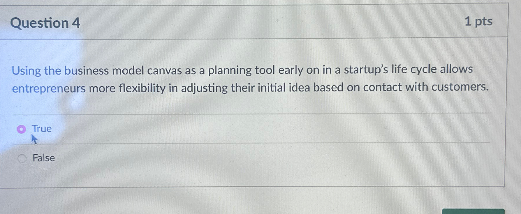  Question 4 1 pts Using the business model canvas as a
