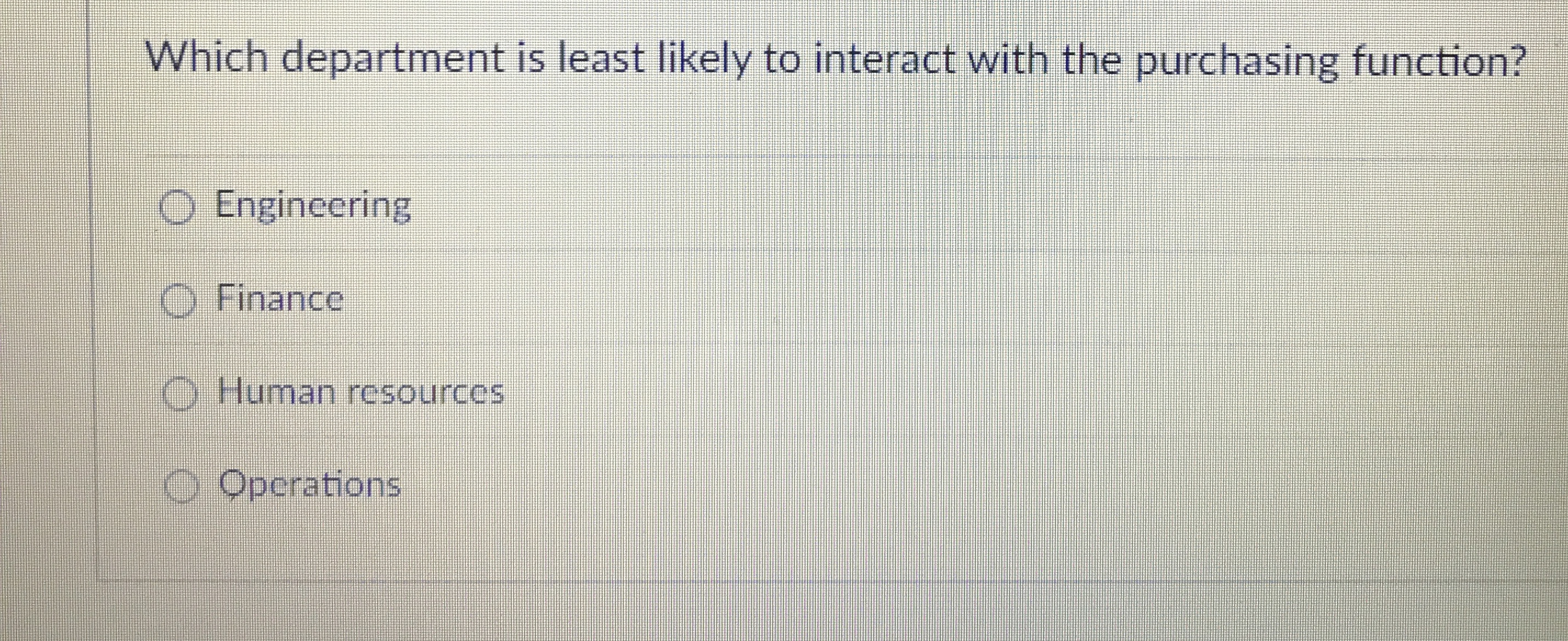  Which department is least likely to interact with the purchasing function?