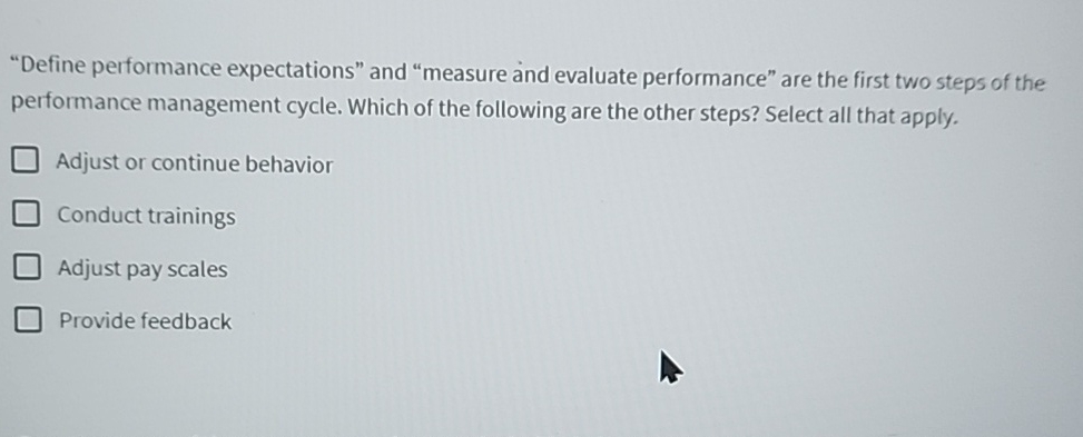  "Define performance expectations" and "measure and evaluate performance" are the first