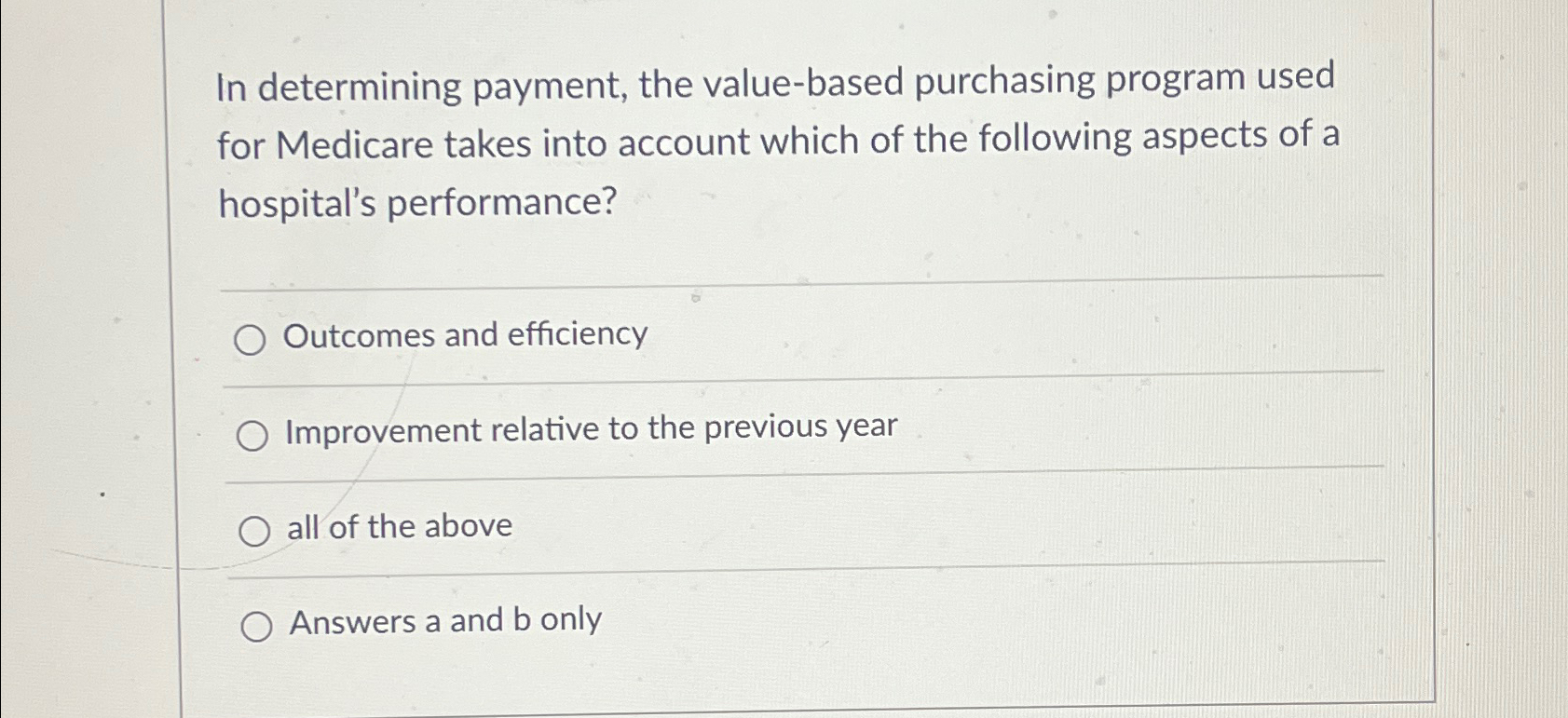 In determining payment, the value-based purchasing program used for Medicare takes