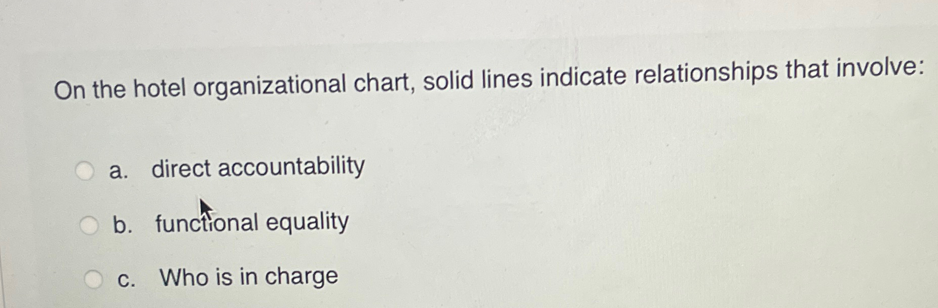  On the hotel organizational chart, solid lines indicate relationships that involve: