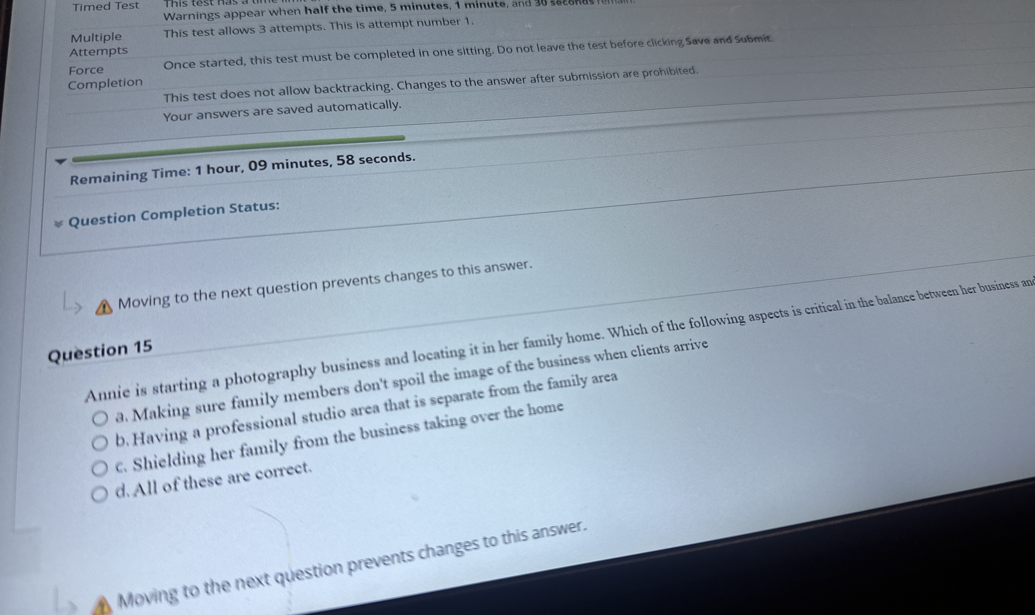  Timed Test Multiple Warnings appear when half the time, 5 minutes,