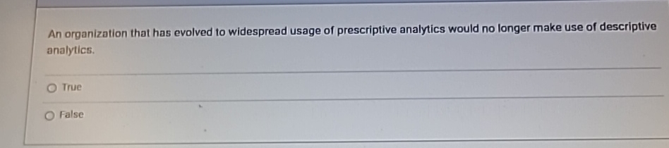  An organization that has evolved to widespread usage of prescriptive analytics