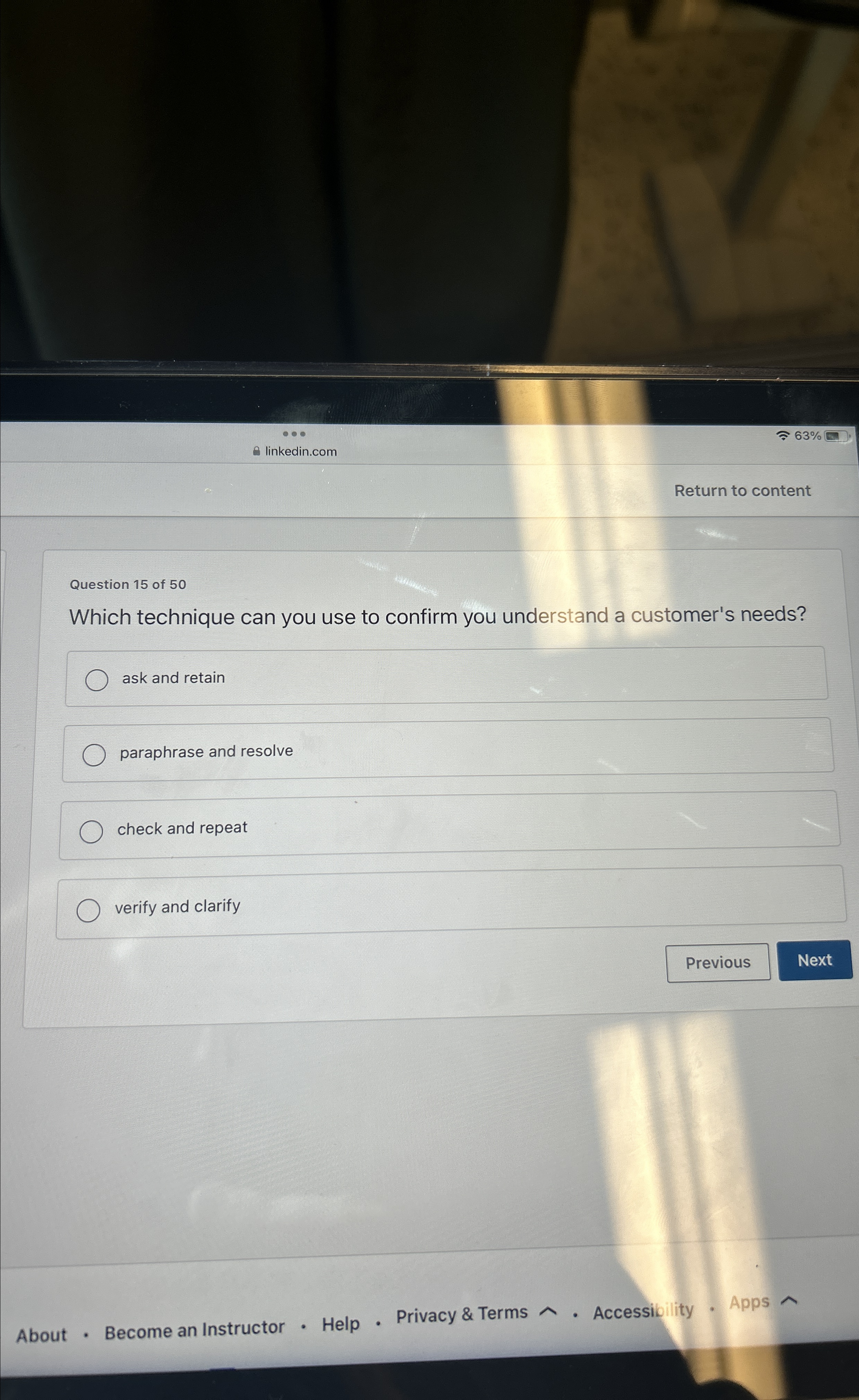  linkedin.com 63% Return to content Question 15 of 50 Which technique