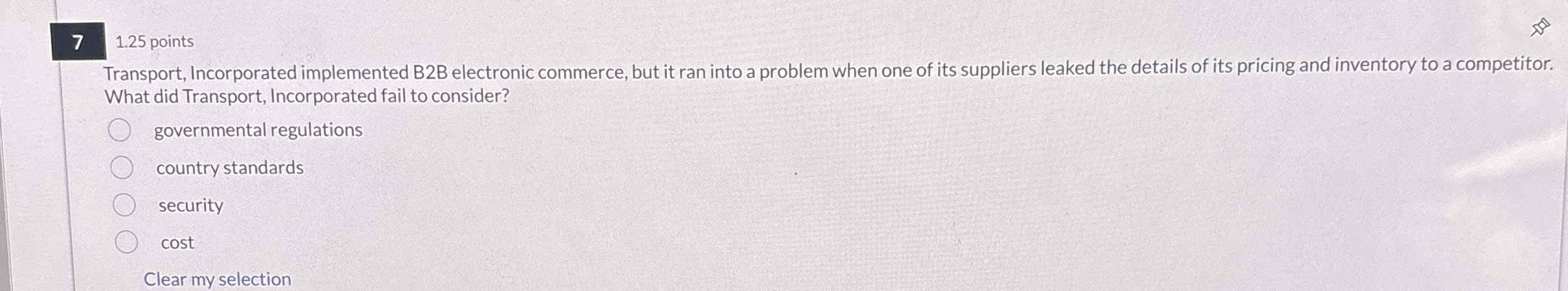  7 1.25 points Transport, Incorporated implemented B2B electronic commerce, but it