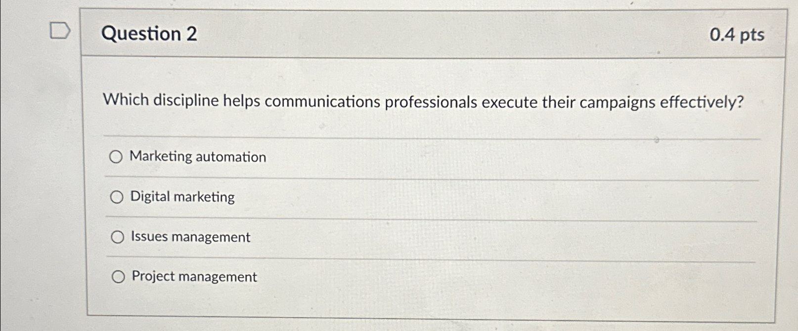  Question 2 0.4pts Which discipline helps communications professionals execute their campaigns